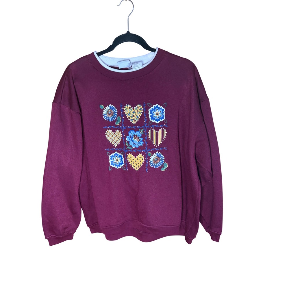Basic Editions Vintage Burgundy Floral Heart Graphic Sweatshirt Womens XL USA